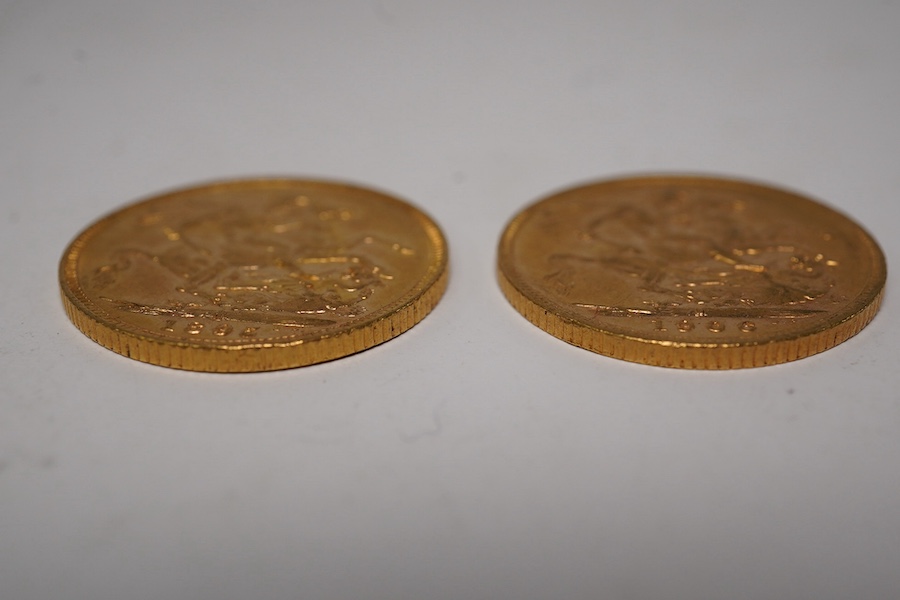 Australia gold coins, Victoria, gold sovereign, veiled head, 1895M, near EF, Edward VII, gold sovereign, 1906M, scratch otherwise about EF (2)